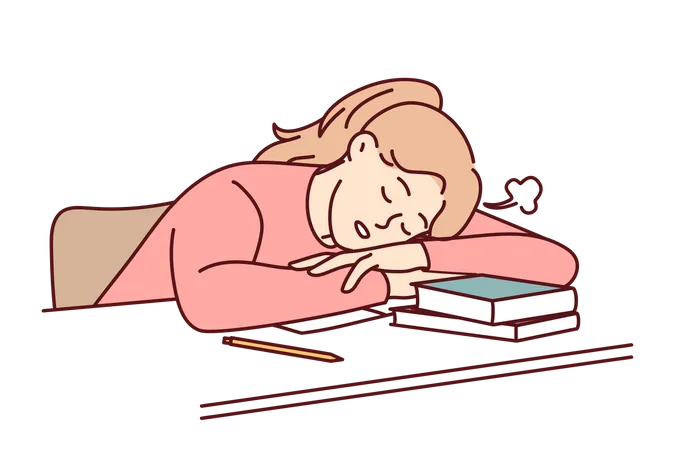 Girl feel asleep while learning  Illustration