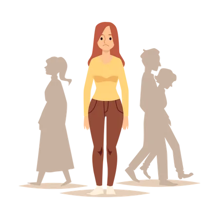 Sad Unhappy Girl Feeling Loneliness Among People Alone Young Woman In Stress Depression And Sadness Need In Help Illustration