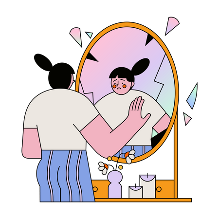 Girl feeling depressed after seeing herself in mirror Illustration