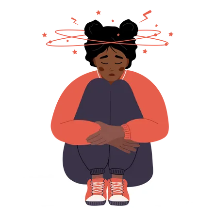 Anemia Concept Sad African Woman With Dizziness Sitting On Floor Unhappy Girl Suffers From Vertigo And Headache And Needs Medical Help Disease Symptom Vector Illustration In Flat Cartoon Style Illustration