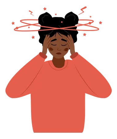 Anemia Concept Sad African Woman With Dizziness Unhappy Girl Suffers From Vertigo And Headache And Needs Medical Help Lack Of Iron In Immune System Vector Illustration In Flat Cartoon Style Illustration