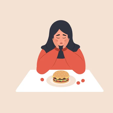 Eating Disorder Sad Arabian Woman Looks At Hamburger And Worries About Being Overweight Overeating Bulimia Anorexia Food Addiction Concept Vector Illustration In Flat Cartoon Style Illustration