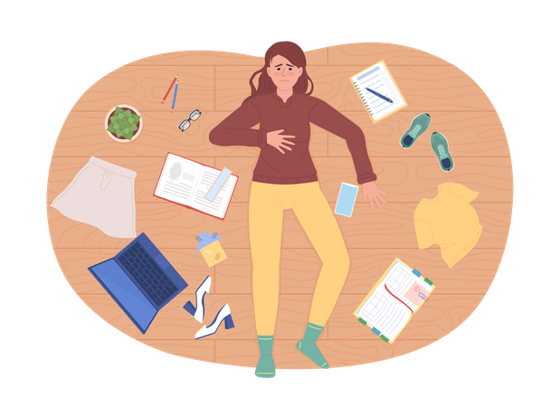 Girl feeling overwhelmed with clutter  Illustration