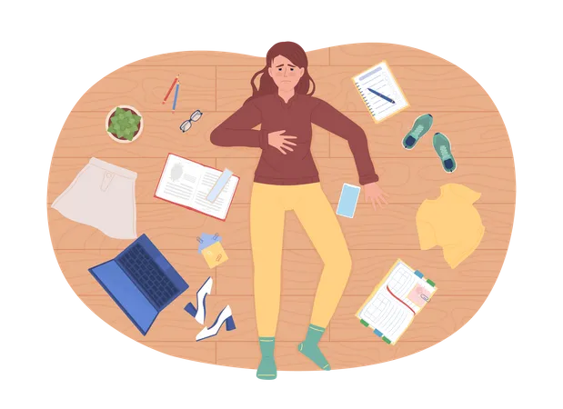 Girl feeling overwhelmed with clutter  Illustration