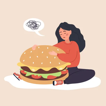 Eating Disorder Sad Woman Hugging Huge Hamburger And Worries About Being Overweight Overeating Bulimia Anorexia Food Addiction Concept Vector Illustration In Flat Cartoon Style Illustration