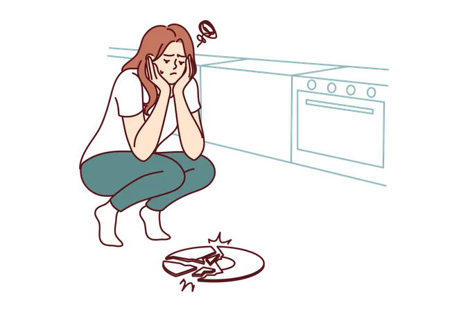 Girl feeling sad for broken plate  Illustration