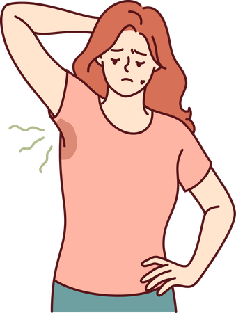 Girl feeling sad while looking Spot of sweating on shirt  Illustration