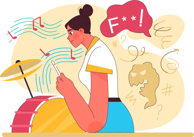 Girl feeling stress for playing drum  Illustration
