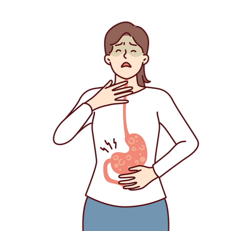 Girl feeling strong acidity inside stomach  Illustration