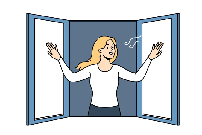Girl feels fresh air while opening window  イラスト