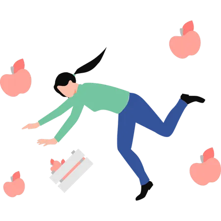 Girl fell with basket of apples  イラスト