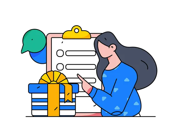 Girl filling feedback form and getting reward  Illustration