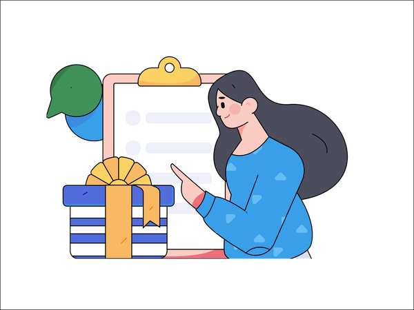 Girl filling feedback form and getting reward  Illustration