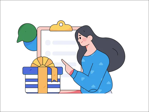 Girl filling feedback form and getting reward  Illustration