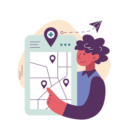 Girl find nearby hospitals using map  Illustration