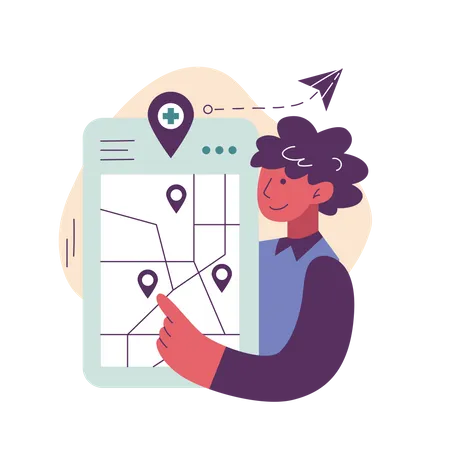 Girl find nearby hospitals using map  Illustration
