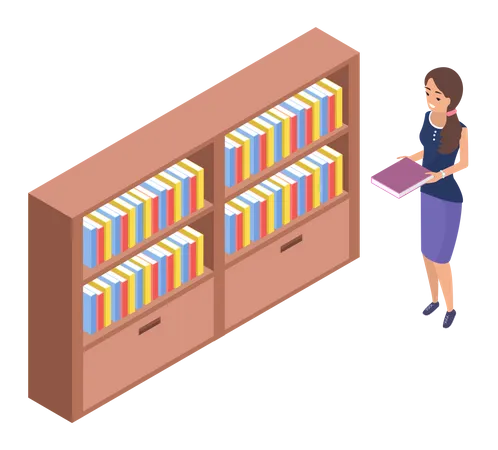 Student Taking Book At Library Vector Icon Bookcase Female Person Study At School College Or University Reading Room Girl At Bookstore Standing Near Bookshelf With Stacks Of Books Isolated On White 일러스트레이션