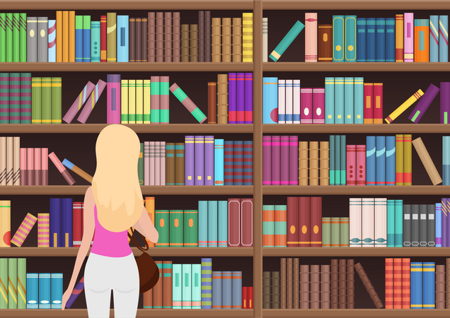 Girl finding book in library Illustration