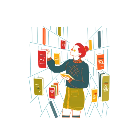 Girl finding book in library  Illustration