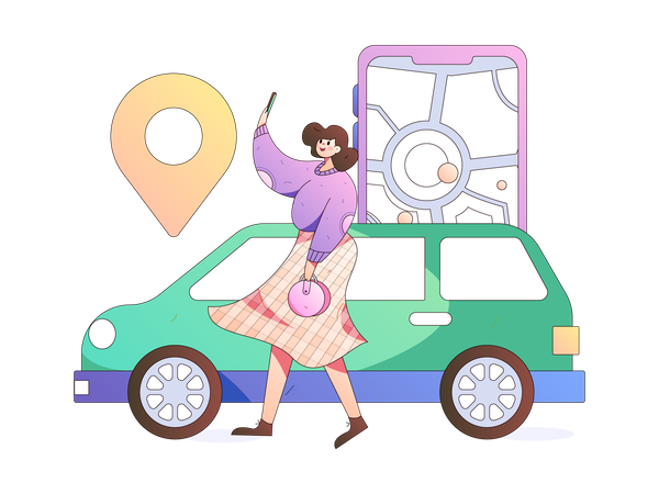 Girl finding car using car service application  Illustration
