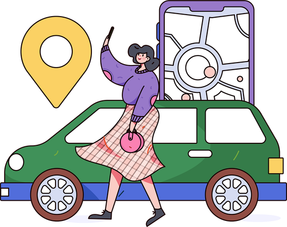 カーサービスアプリを使って車を探す女の子  イラスト