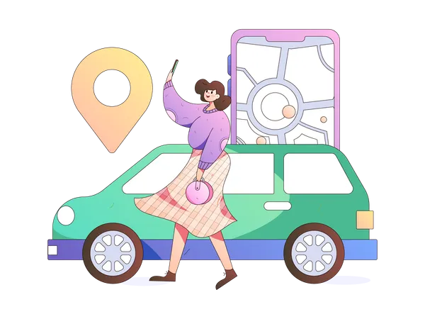 Girl finding car using car service application  Illustration