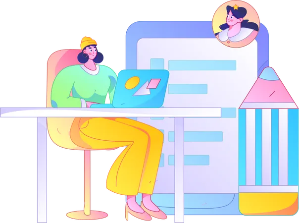 Girl finding employee profile on laptop  Illustration