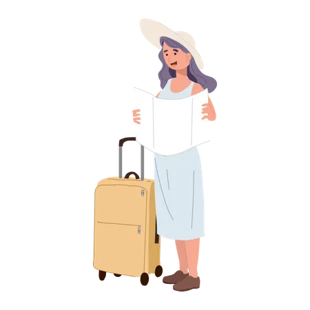 Tourism Concept Adventure Tourism Female Traveler With Luggage Is Using A Map Flat Cartoon Character Vector Illustration Illustration