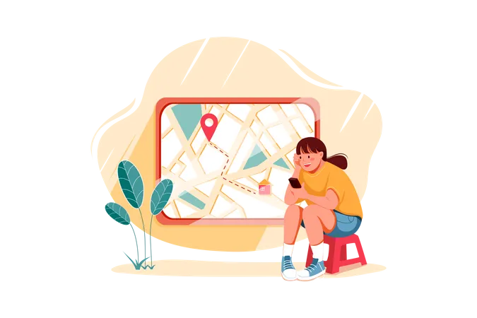 Girl finding location on map Illustration
