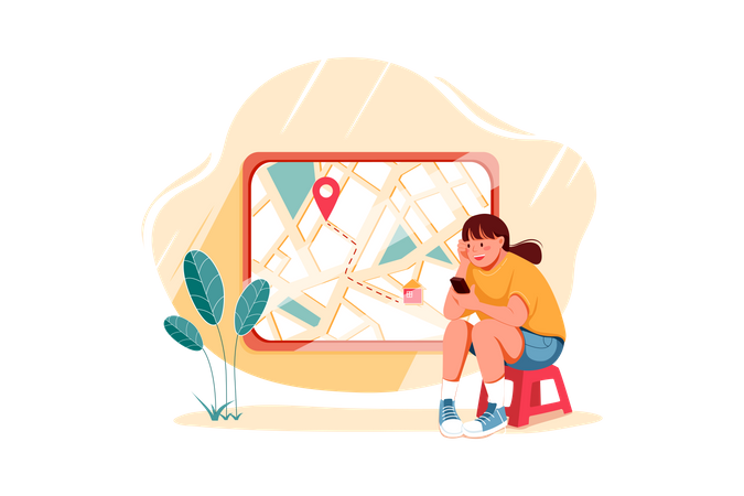 Girl finding location on map  Illustration