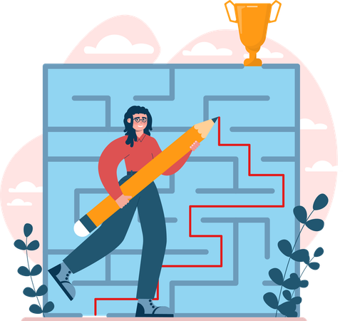 Girl finding way for success trophy  Illustration
