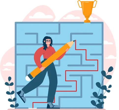Girl finding way for success trophy  イラスト