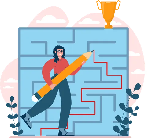 Girl finding way for success trophy  Illustration