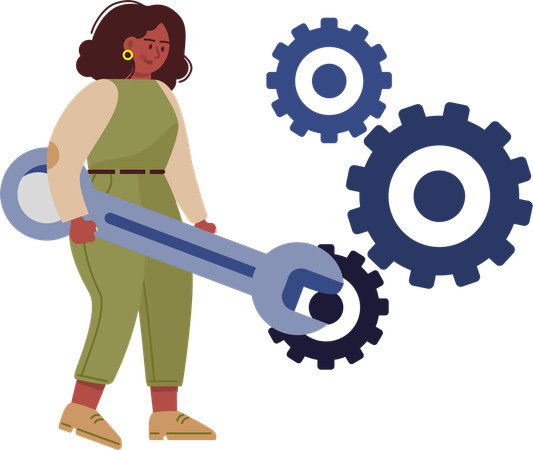 Girl fixing gear using spanner  Illustration