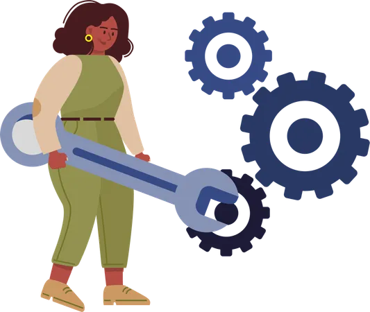 Girl fixing gear using spanner  Illustration