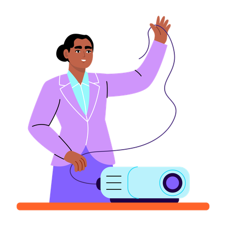 Girl fixing projector in university  Illustration