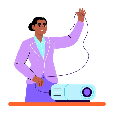 Girl fixing projector in university  Illustration