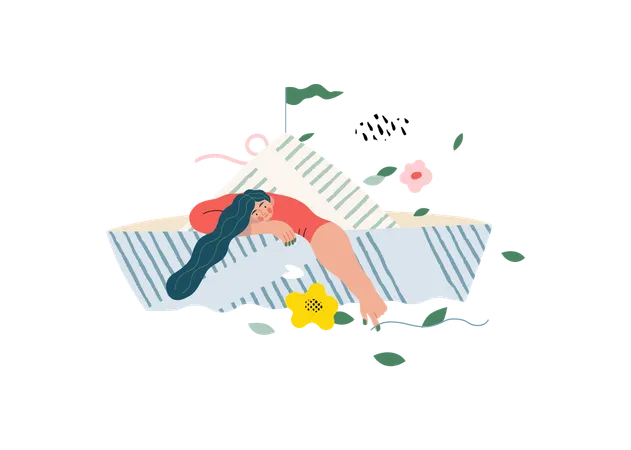 Life Unframed Paper Boat Modern Flat Vector Concept Illustration Of Girl Floating In Paper Boat A Metaphor Of Unpredictability Imagination Whimsy Cycle Of Existence Play Growth And Discovery Illustration