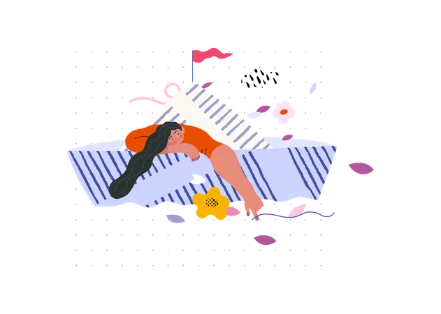 Life Unframed Paper Boat Modern Flat Vector Concept Illustration Of Girl Floating In Paper Boat A Metaphor Of Unpredictability Imagination Whimsy Cycle Of Existence Play Growth And Discovery Illustration