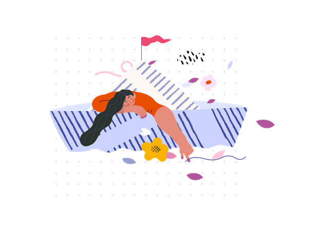 Girl floating in paper boat  Illustration