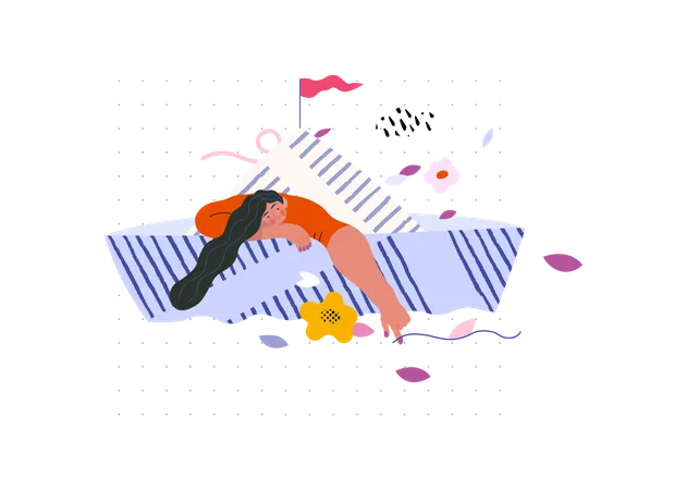 Girl floating in paper boat  Illustration