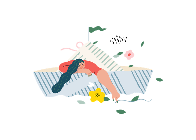 Girl floating in paper boat  Illustration