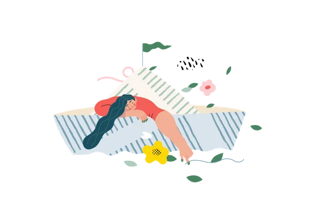 Girl floating in paper boat  Illustration