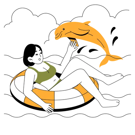 Girl floating on the sea with dolphin  Illustration