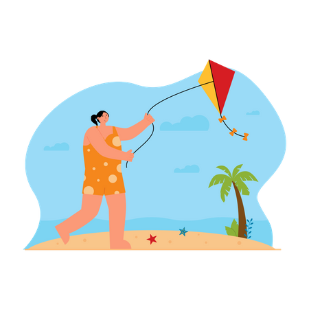 Girl fly kite at beach  Illustration