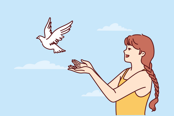 Girl flying dove Illustration