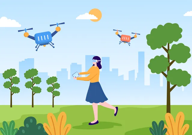 Girl flying drone in park  Illustration