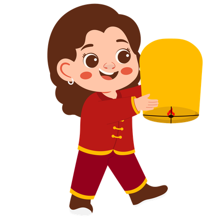 Girl flying fire lantern to celebrate lunar new year  Illustration