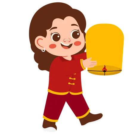 Girl flying fire lantern to celebrate lunar new year  Illustration