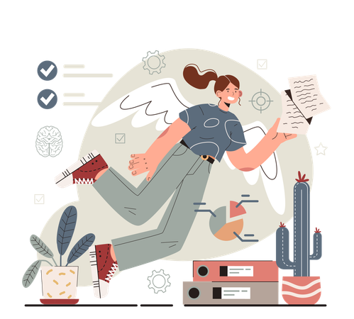 Girl flying in air while holding business paper  Illustration